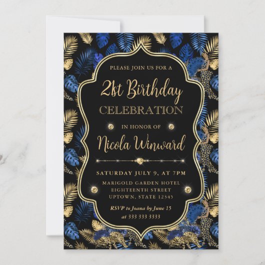 Invitation Fête d'anniversaire imprimé léopard or et bleu (Devant)