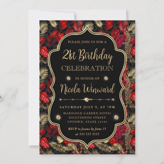 Invitation Fête d'anniversaire imprimé léopard or et rouge (Devant)