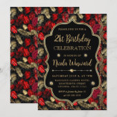 Invitation Fête d'anniversaire imprimé léopard or et rouge (Devant / Derrière)