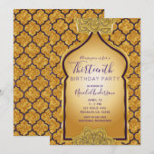 Invitation Fête d'anniversaire indienne arabe pourpre et or (Devant / Derrière)