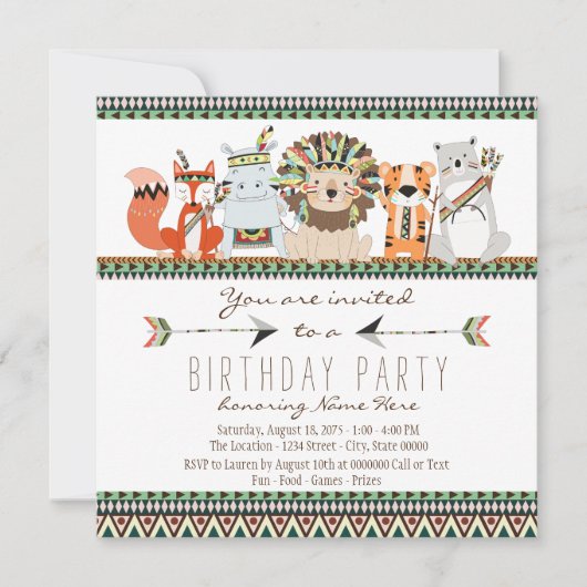 Invitation Fête d'anniversaire indienne des enfants d'animaux (Devant)