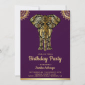 Invitation Fête d'anniversaire indienne éléphant or pourpre (Devant)