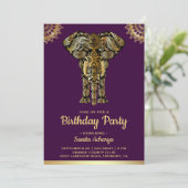 Invitation Fête d'anniversaire indienne éléphant or pourpre (Debout devant)
