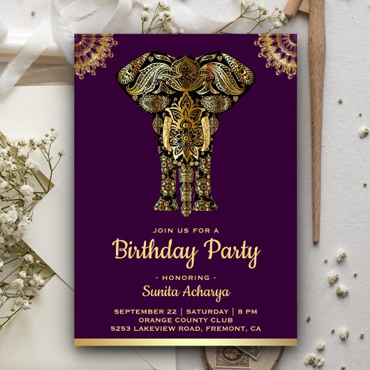 Invitation Fête d'anniversaire indienne éléphant or pourpre