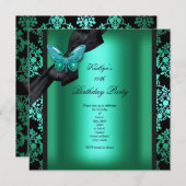 Invitation Fête d'anniversaire Jade Green Black Damask Papill (Devant / Derrière)