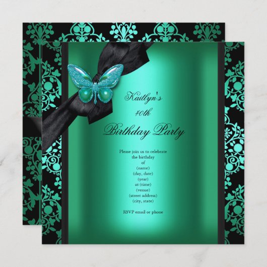 Invitation Fête d'anniversaire Jade Green Black Damask Papill (Devant / Derrière)