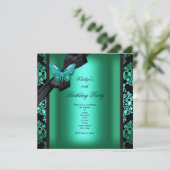 Invitation Fête d'anniversaire Jade Green Black Damask Papill (Debout devant)