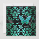Invitation Fête d'anniversaire Jade Green Black Damask Papill (Dos)