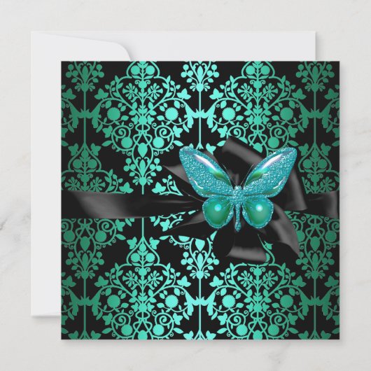 Invitation Fête d'anniversaire Jade Green Black Damask Papill (Dos)