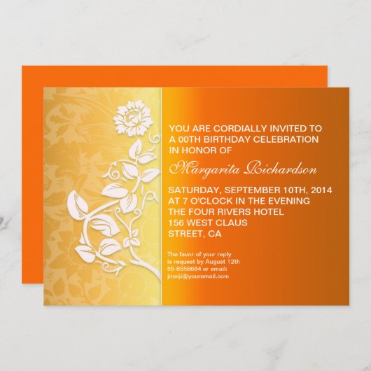 Invitation fête d'anniversaire jaune orange (Devant / Derrière)