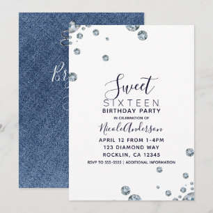 Invitation Fête d'anniversaire Jean Denim & Diamonds 16 ans