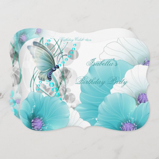 Invitation Fête d'anniversaire Joli Floral Turquoise Papillon (Devant / Derrière)