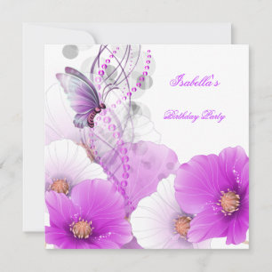 Invitation Fête d'anniversaire Joli papillon floral lilas bla