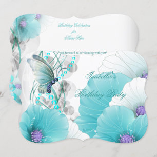 Invitation Fête d'anniversaire joli papillon floral sarcelle 