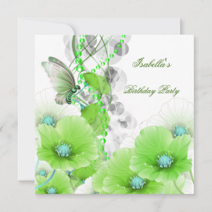 Invitation Fête d'anniversaire Joli Papillon Floral Vert Blan