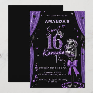 Invitation Fête d'anniversaire Karaoke Glam Purple Sweet 16