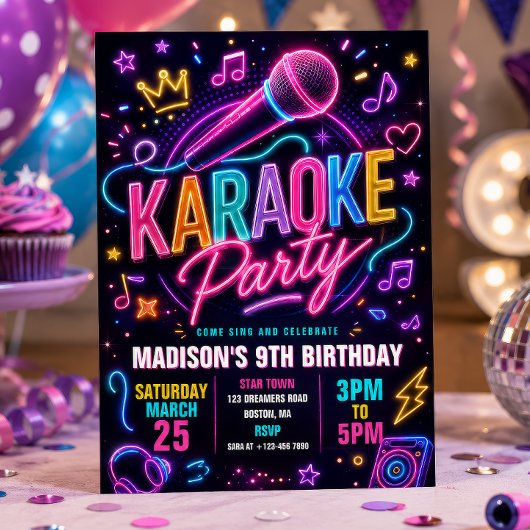 Invitation Fête d'anniversaire Karaoké Neon