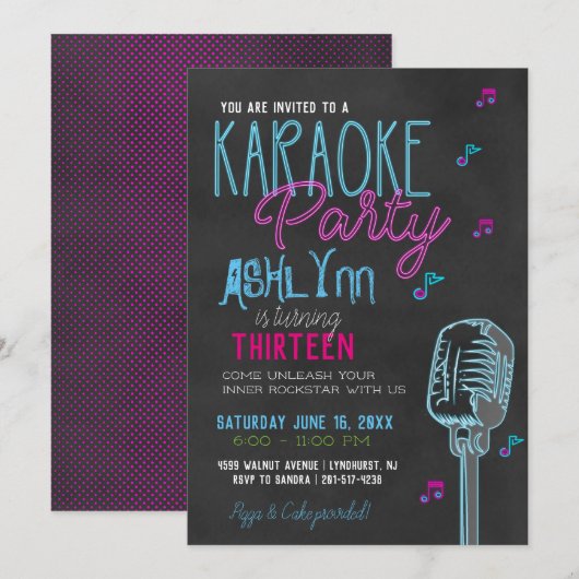 Invitation Fête d'anniversaire karaoké pour préadolescents/ad (Devant / Derrière)