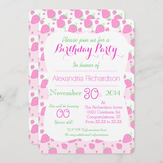 Invitation Fête d'anniversaire Kawaii Panda, mûre fraise rose (Devant / Derrière)