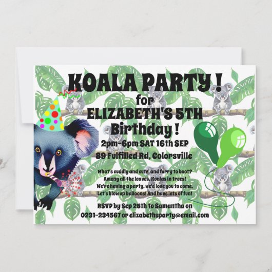Invitation fête d'anniversaire KOALA (Devant)