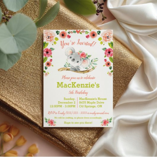 Invitation Fête d'anniversaire Koala et Florale