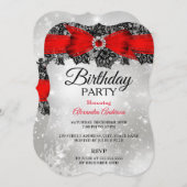 Invitation Fête d'anniversaire Lace Bow Silver Red (Devant / Derrière)