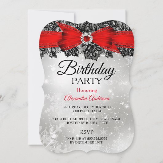 Invitation Fête d'anniversaire Lace Bow Silver Red (Devant)