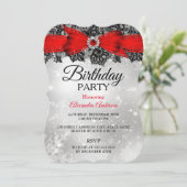Invitation Fête d'anniversaire Lace Bow Silver Red (Debout devant)