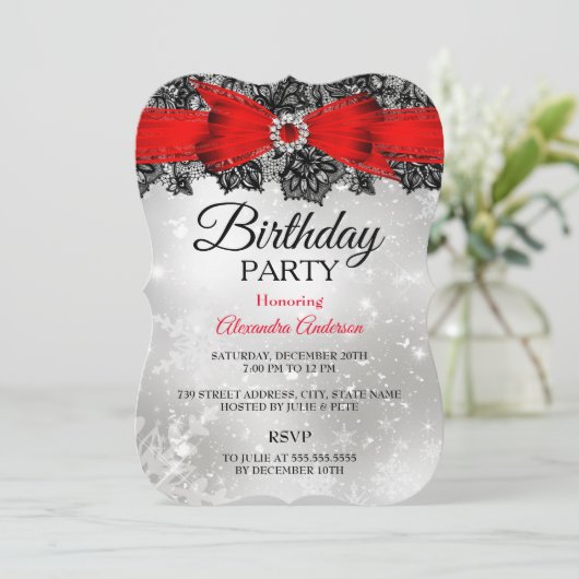 Invitation Fête d'anniversaire Lace Bow Silver Red (Debout devant)