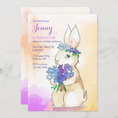 Invitation Fête d'anniversaire Lapin avec bouquet de fleurs (Devant / Derrière)