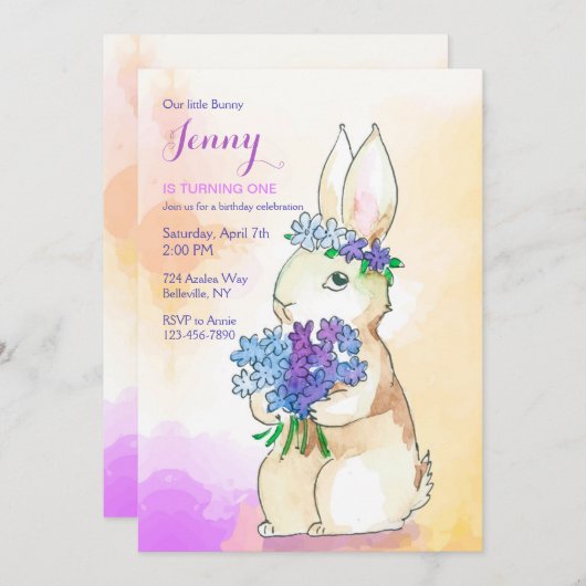 Invitation Fête d'anniversaire Lapin avec bouquet de fleurs (Devant / Derrière)