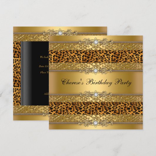 Invitation Fête d'anniversaire Léopard Doré Diamant (Devant / Derrière)