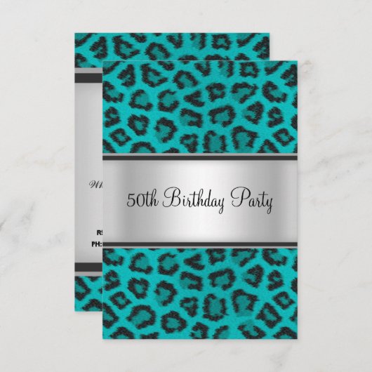 Invitation Fête d'anniversaire Leopard Fur Turquoise (Devant / Derrière)