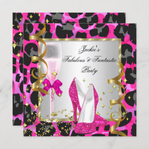 Invitation Fête d'anniversaire Leopard Rose Hot Black Silver