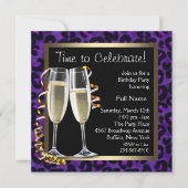 Invitation Fête d'anniversaire léopard violet Champagne (Devant)