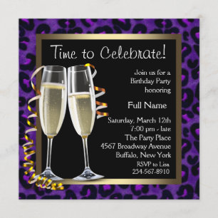 Invitation Fête d'anniversaire léopard violet champagne