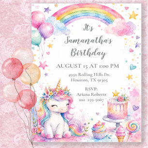 Invitation Fête d'anniversaire licorne arc-en-ciel aquarelle