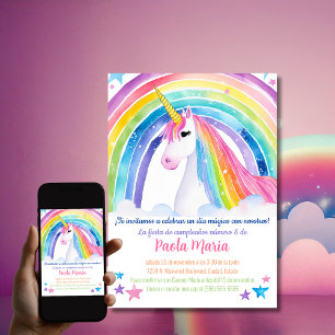 Invitation Fête d'anniversaire licorne arc-en-ciel espagnole 