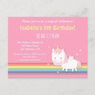 Invitation Fête d'anniversaire licorne arc-en-ciel rose pour