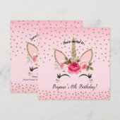 Invitation Fête d'anniversaire licorne avec paillettes dorées (Devant / Derrière)