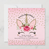Invitation Fête d'anniversaire licorne avec paillettes dorées (Dos)