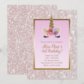 Invitation Fête d'anniversaire licorne dorée pailletée rose b (Devant / Derrière)