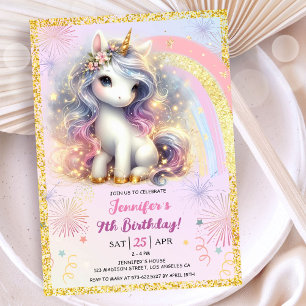Invitation Fête d'anniversaire Licorne Fille Rose Paillettes