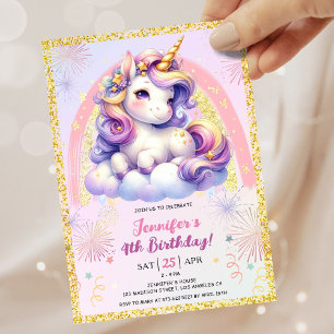 Invitation Fête d'anniversaire Licorne Fille Violet Rose & Or