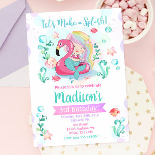 Invitation Fête d'anniversaire licorne flamant rose Piscine