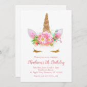 Invitation Fête d'anniversaire licorne Fleurs aquarelle (Devant / Derrière)