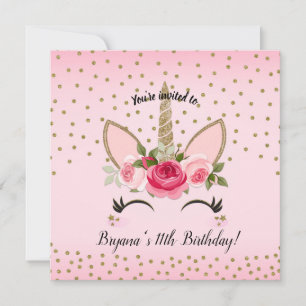 Invitation Fête d'anniversaire licorne fleurs roses et paille