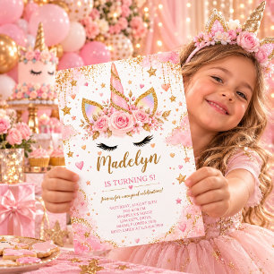 Invitation Fête d'anniversaire licorne florale rose paillette