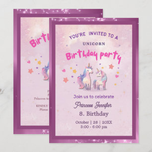 Invitation Fête d'anniversaire licorne magique rose fantaisis