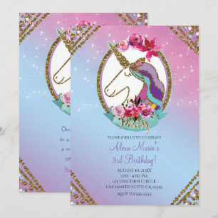 Invitation Fête d'anniversaire licorne magique rose or violet